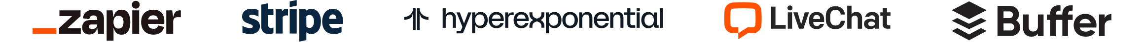 Logos of Zapier, Stripe, hyperexponential, LiveChat, and Buffer showcasing trusted tech clients for a motion design portfolio.